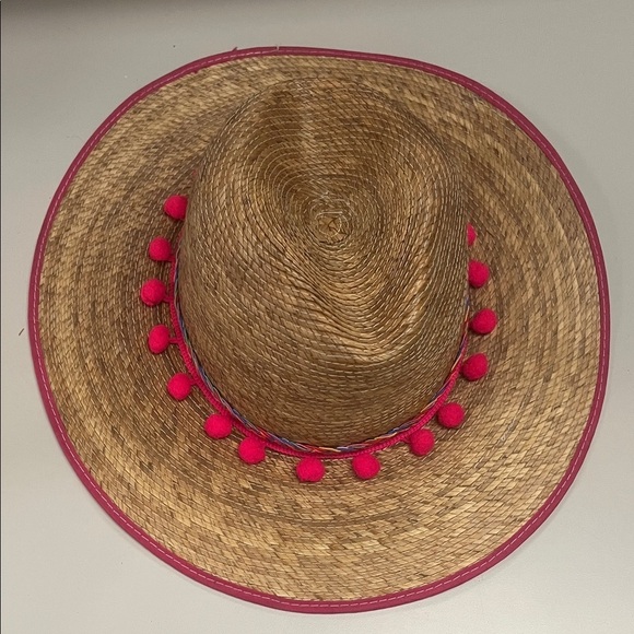 Source Unknown Straw Hat with Pink Pom Pom Trim unisex item main image 5